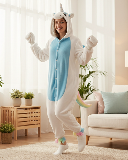 blue and white unicorn onesie - in-use