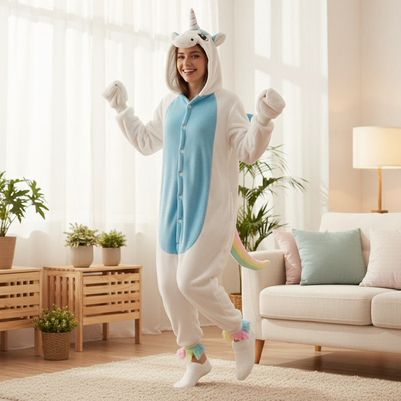 blue and white unicorn onesie - in-use