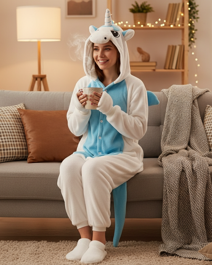 blue and white unicorn onesie - lifestyle