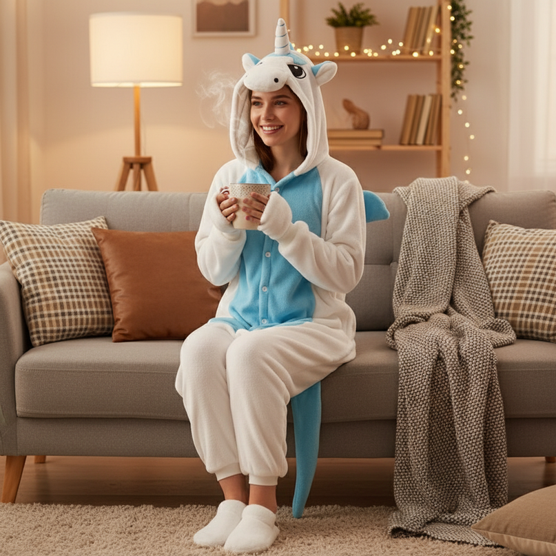 blue and white unicorn onesie - lifestyle