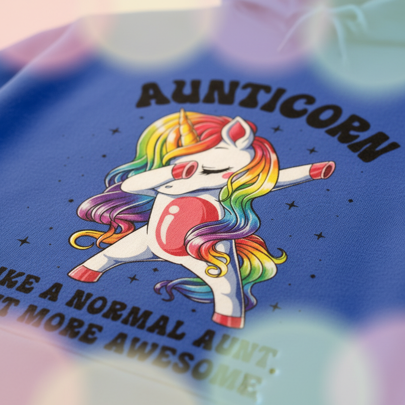 blue aunt unicorn hoodie - detail