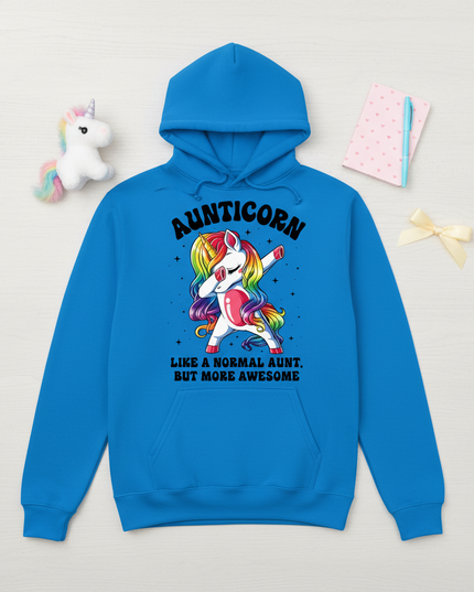 blue aunt unicorn hoodie - flat-lay