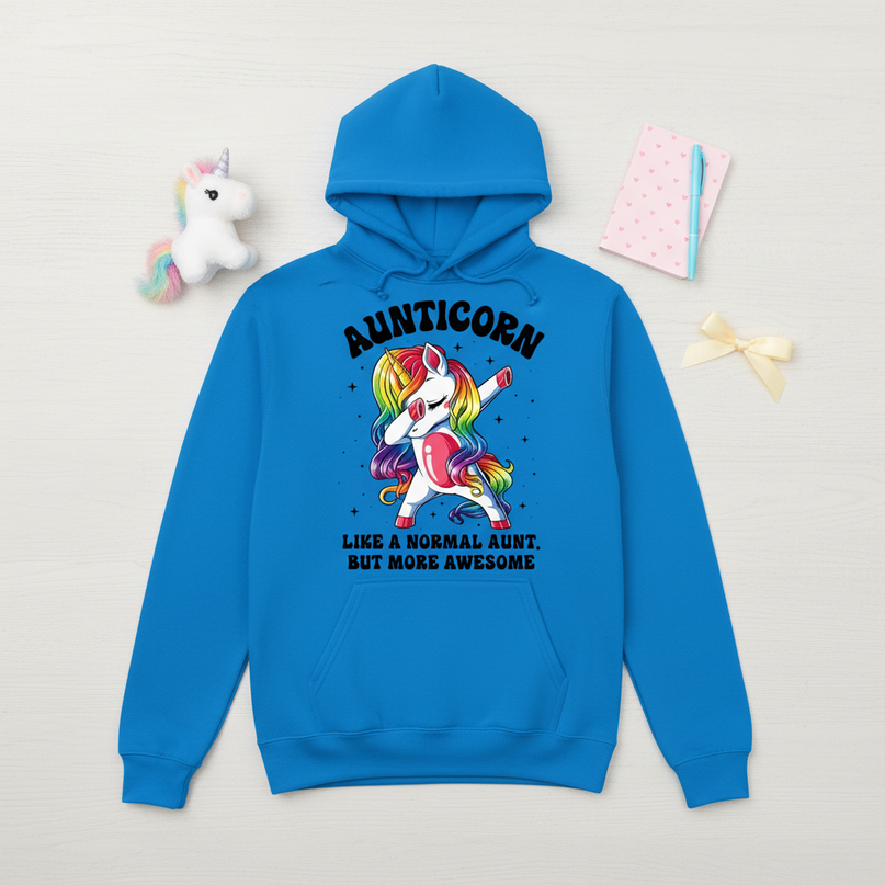 blue aunt unicorn hoodie - flat-lay