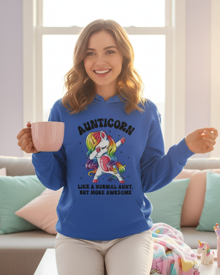 blue aunt unicorn hoodie - in-use