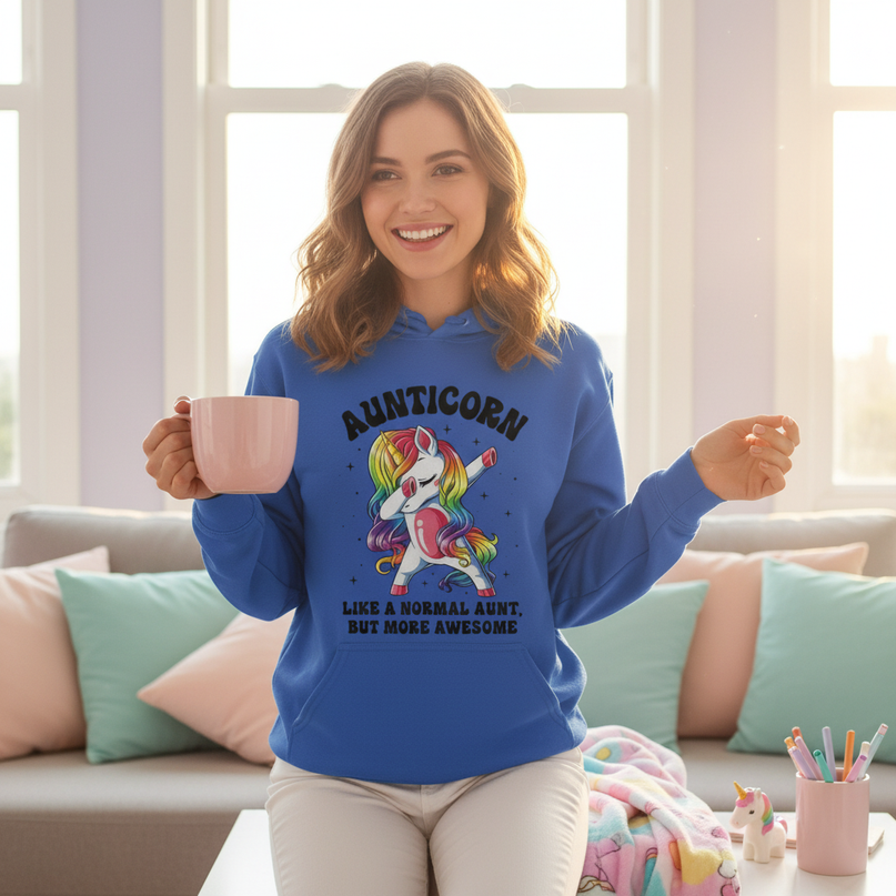 blue aunt unicorn hoodie - in-use