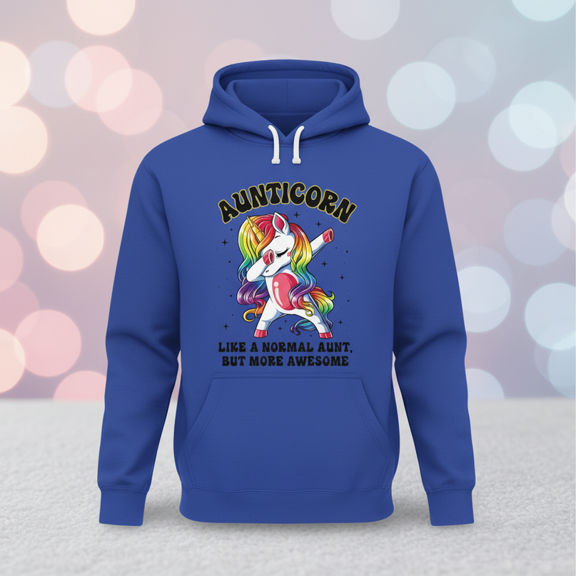 blue aunt unicorn hoodie - lifestyle