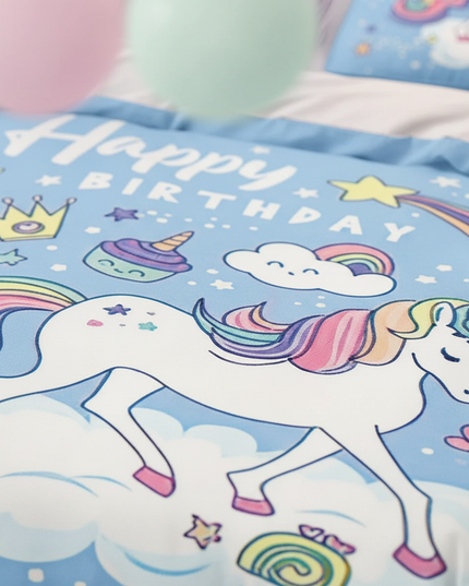 blue birthday unicorn bedding - detail