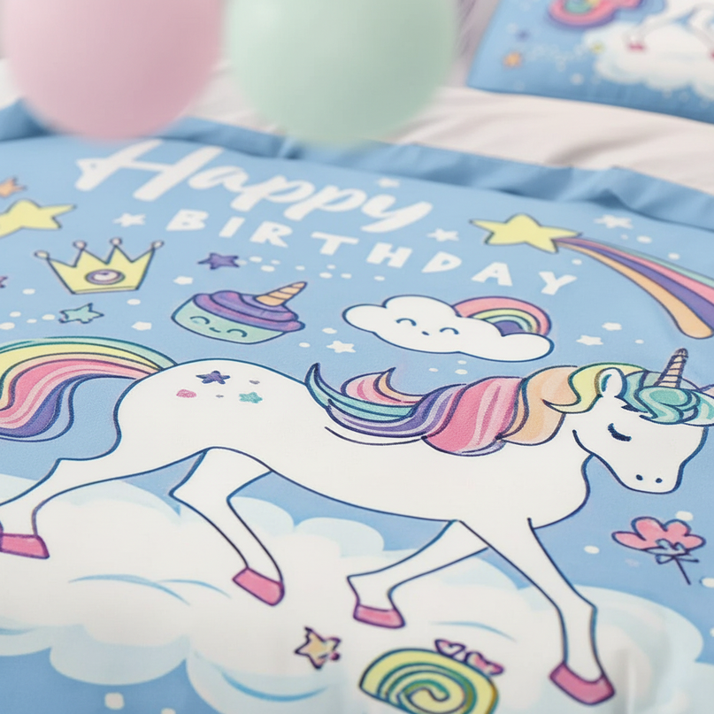blue birthday unicorn bedding - detail