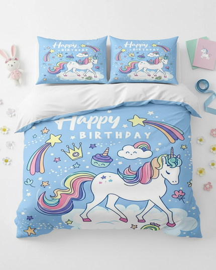 blue birthday unicorn bedding - flat-lay