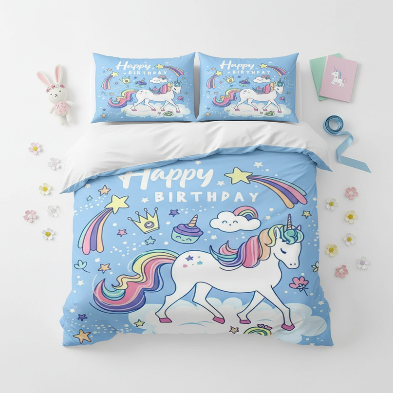 blue birthday unicorn bedding - flat-lay