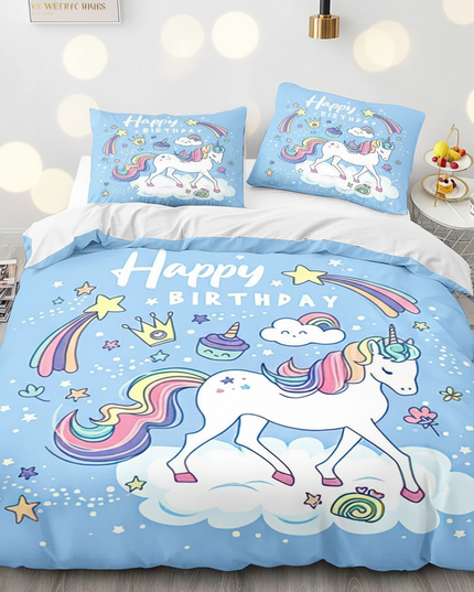 blue birthday unicorn bedding - lifestyle