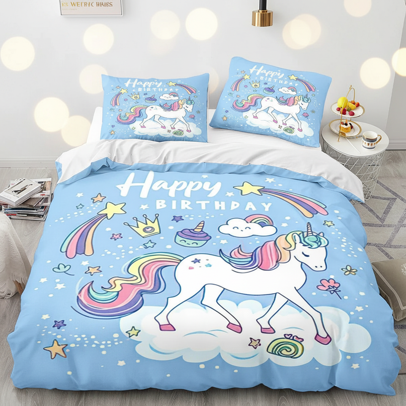 blue birthday unicorn bedding - lifestyle