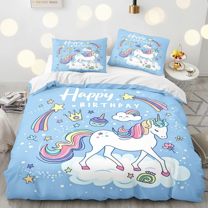 blue birthday unicorn bedding - lifestyle