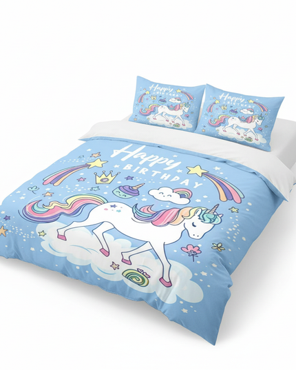 blue birthday unicorn bedding - white-bg