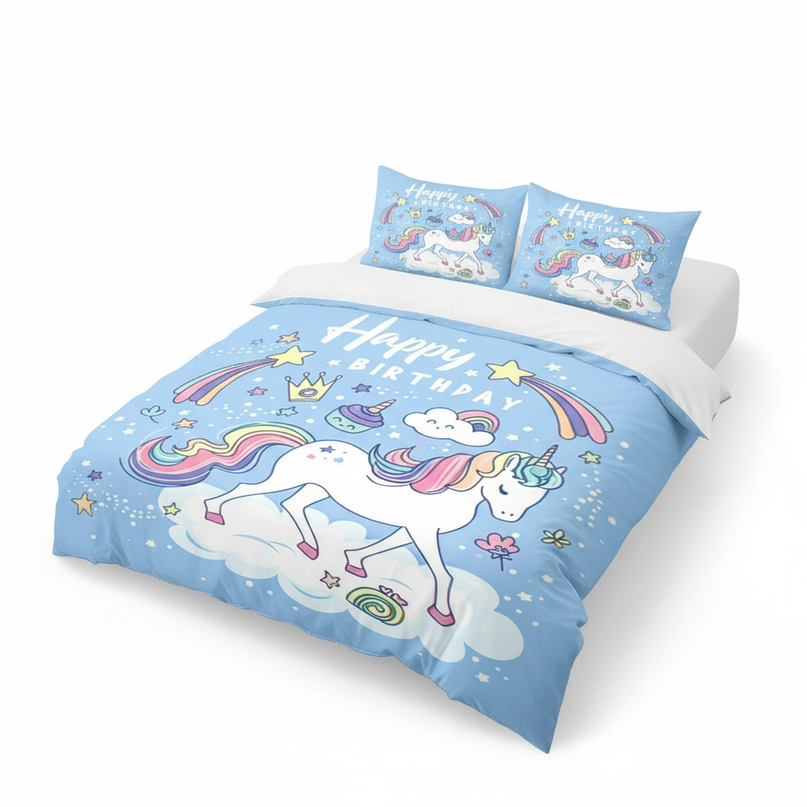 blue birthday unicorn bedding - white-bg