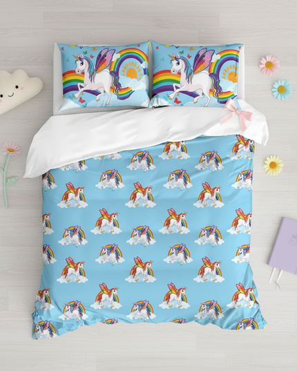 blue butterfly wing unicorn bedding - flat-lay