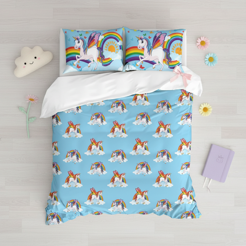 blue butterfly wing unicorn bedding - flat-lay
