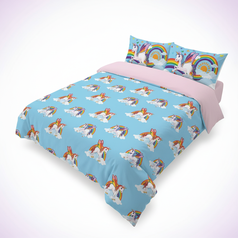 blue butterfly wing unicorn bedding - white-bg