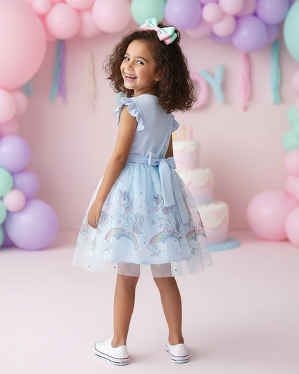 blue cartoon unicorn dress girls - back
