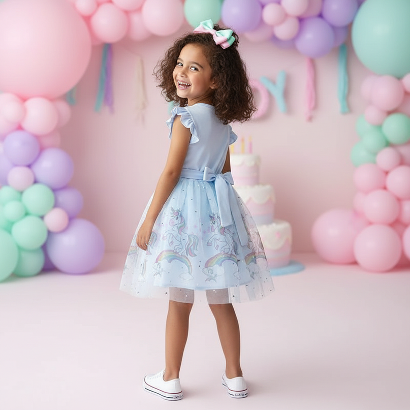 blue cartoon unicorn dress girls - back