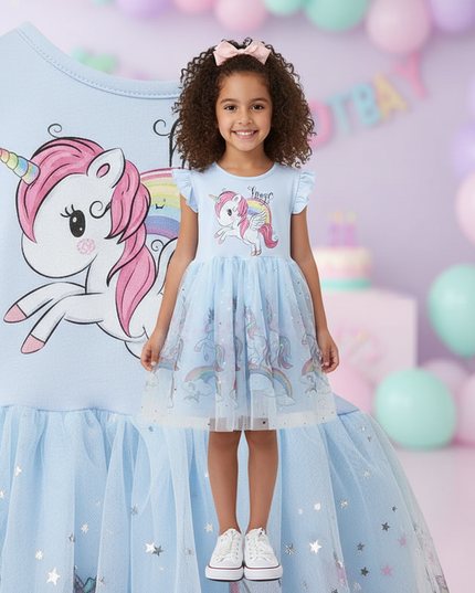 blue cartoon unicorn dress girls - detail