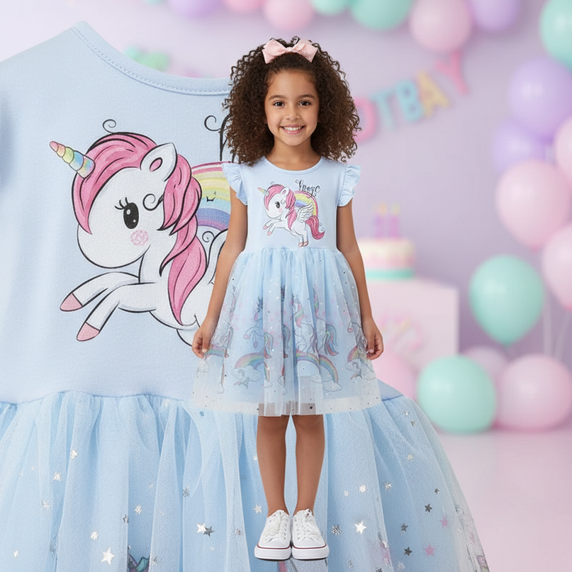 blue cartoon unicorn dress girls - detail