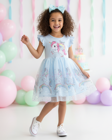 blue cartoon unicorn dress girls - front
