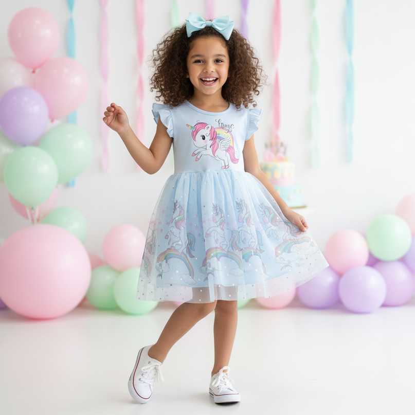 blue cartoon unicorn dress girls - front