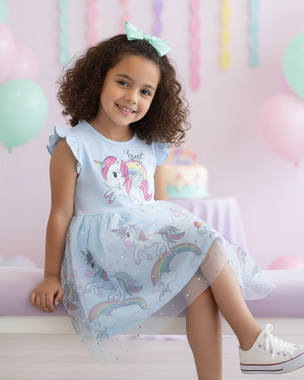blue cartoon unicorn dress girls - sitting