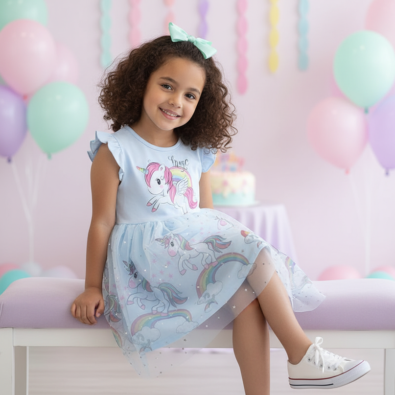 blue cartoon unicorn dress girls - sitting