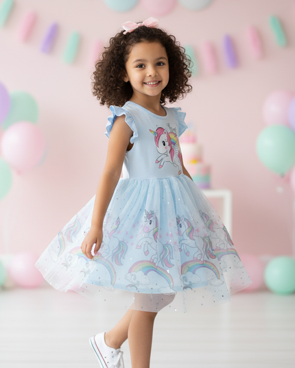 blue cartoon unicorn dress girls - three-quarter