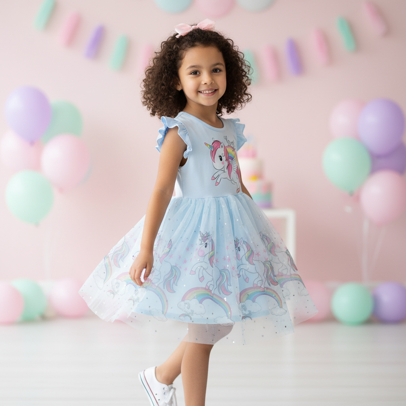 blue cartoon unicorn dress girls - three-quarter