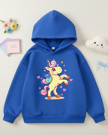 blue cartoon unicorn hoodie - flat-lay