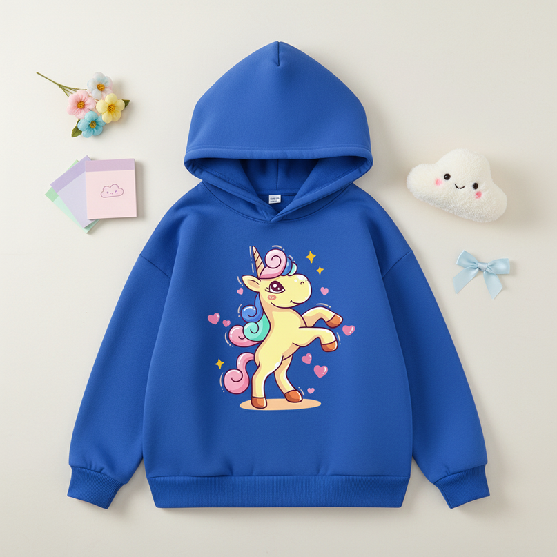 blue cartoon unicorn hoodie - flat-lay