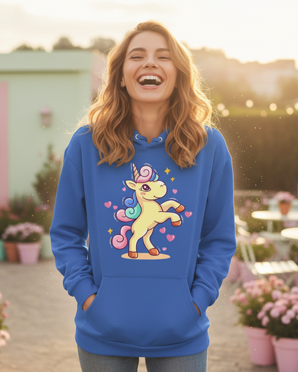 blue cartoon unicorn hoodie - in-use