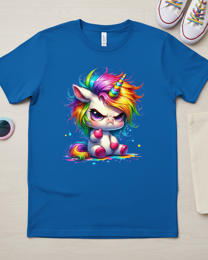 blue cartoon unicorn shirt - flat-lay