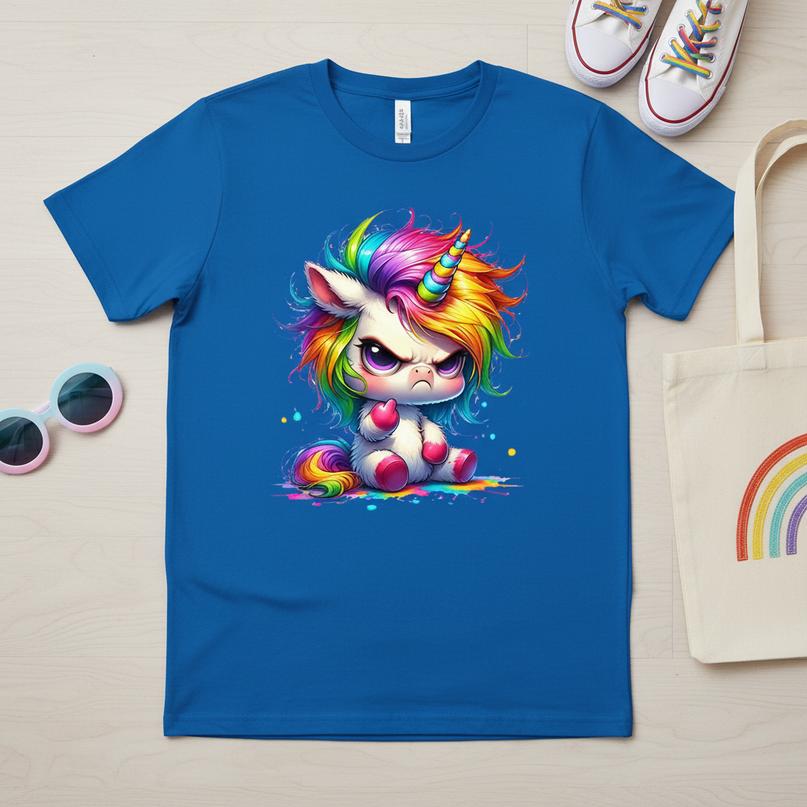 blue cartoon unicorn shirt - flat-lay