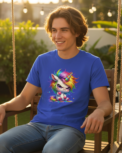blue cartoon unicorn shirt - in-use