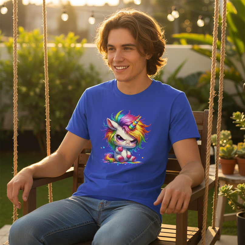 blue cartoon unicorn shirt - in-use