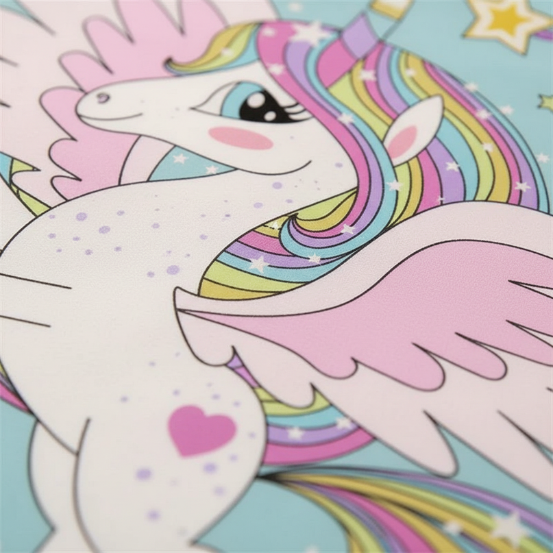 blue cartoon winged unicorn bedding - detail