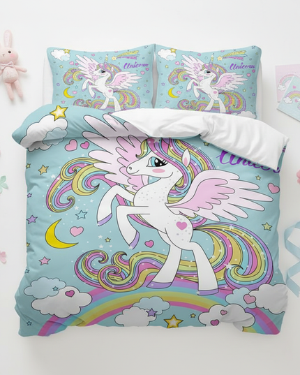 blue cartoon winged unicorn bedding - flat-lay