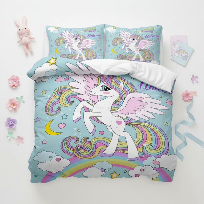 blue cartoon winged unicorn bedding - flat-lay