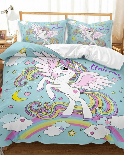 blue cartoon winged unicorn bedding - lifestyle