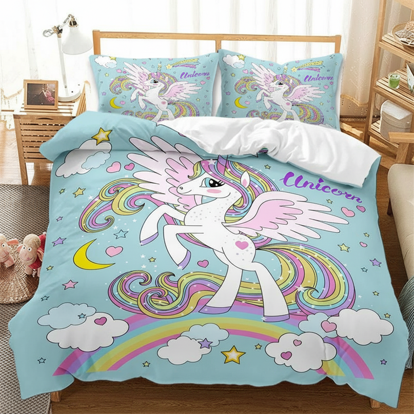 blue cartoon winged unicorn bedding - lifestyle