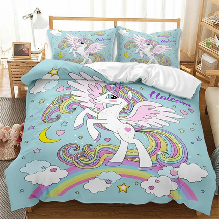 blue cartoon winged unicorn bedding - lifestyle