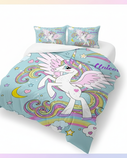 blue cartoon winged unicorn bedding - white-bg