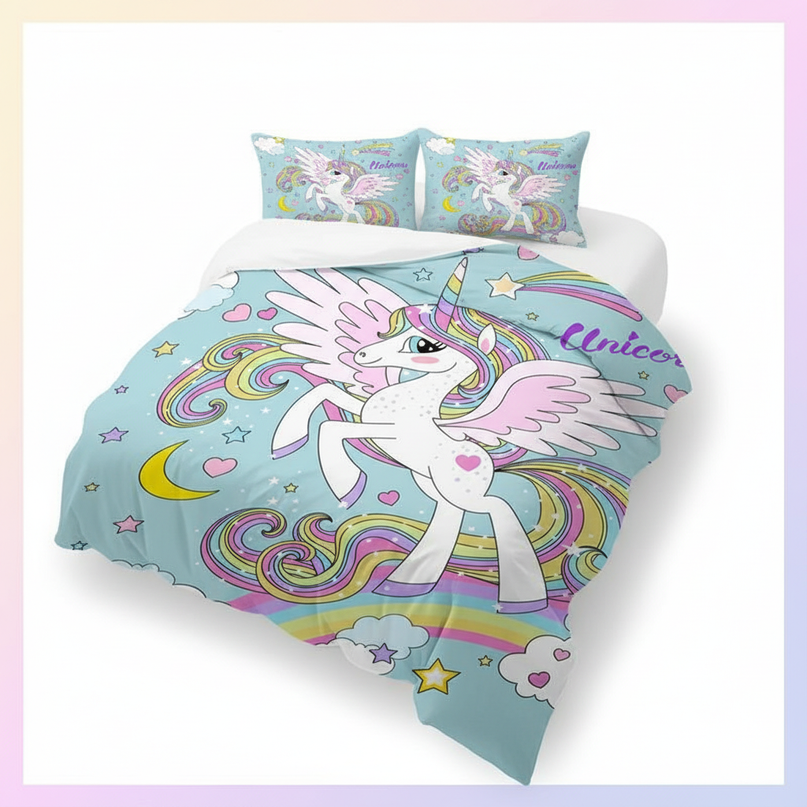 blue cartoon winged unicorn bedding - white-bg