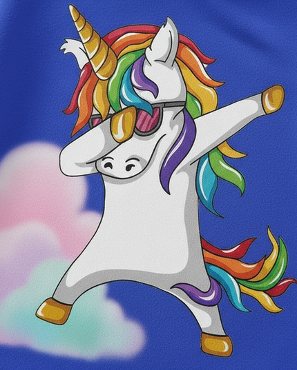 blue dabbing unicorn kids hoodie - detail