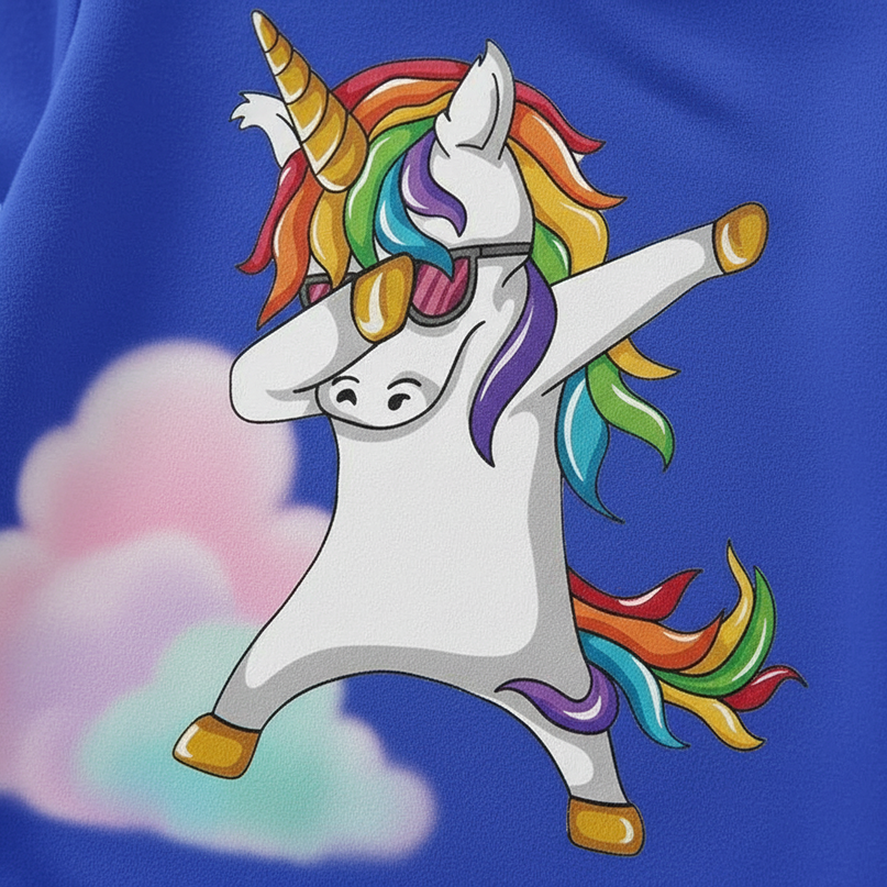 blue dabbing unicorn kids hoodie - detail