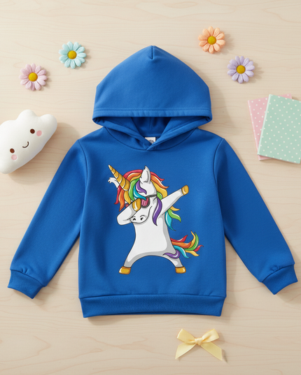 blue dabbing unicorn kids hoodie - flat-lay